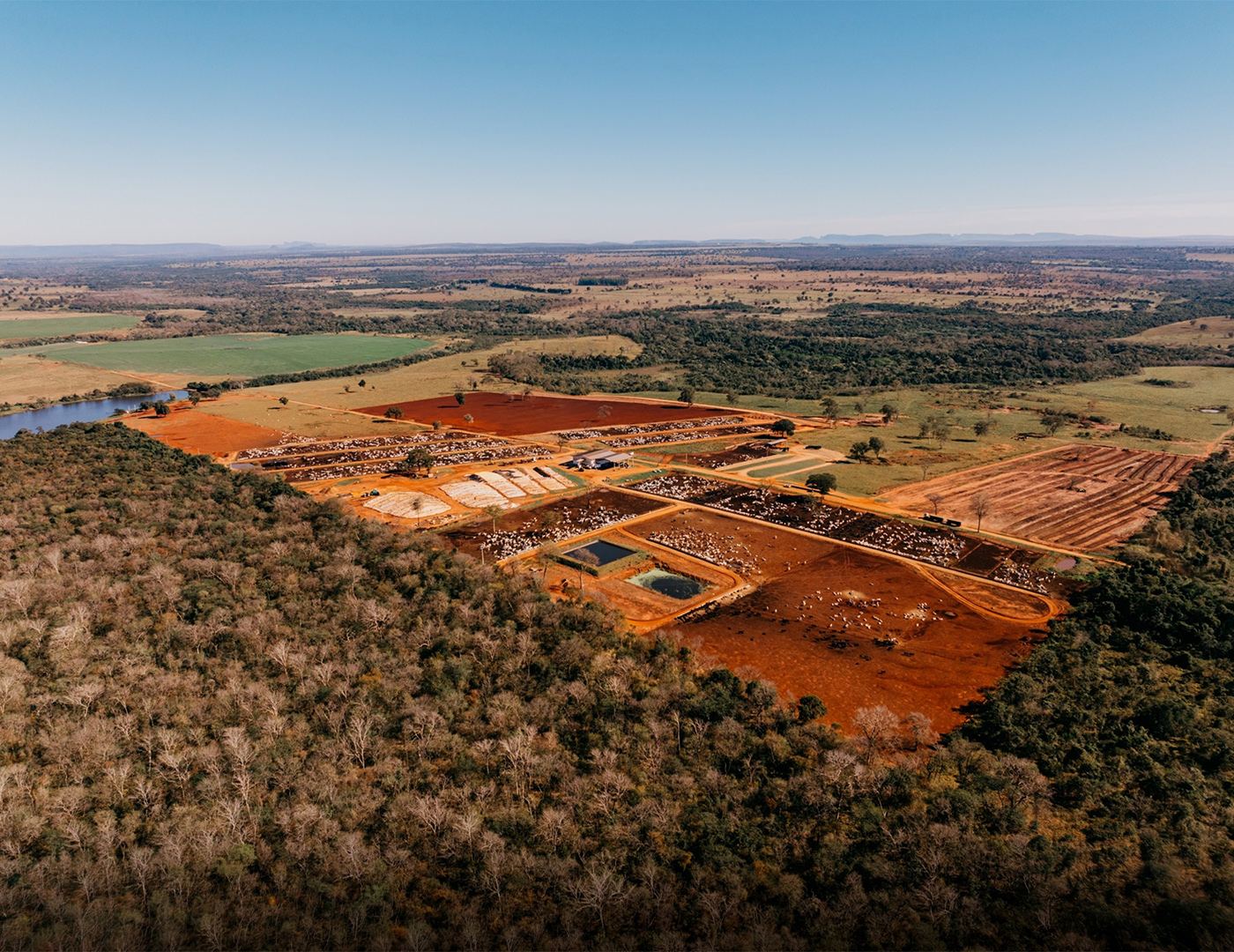 Confinamento visto do alto, cercado por vegetação nativa preservada